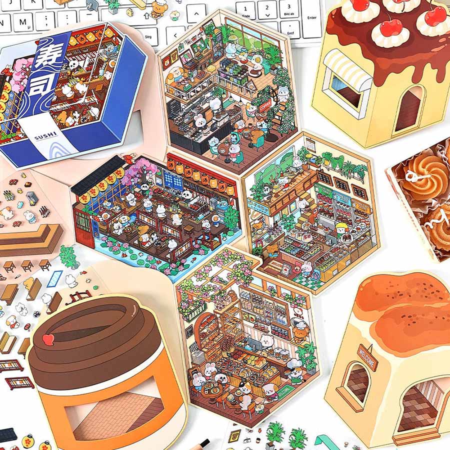 楽しいデザートハウス DIY 3D シーンステッカー - 4 つのかわいいミニチュアシーン