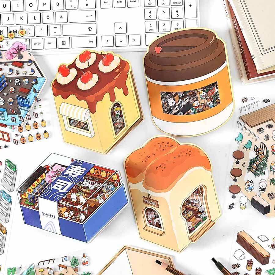 楽しいデザートハウス DIY 3D シーンステッカー - 4 つのかわいいミニチュアシーン