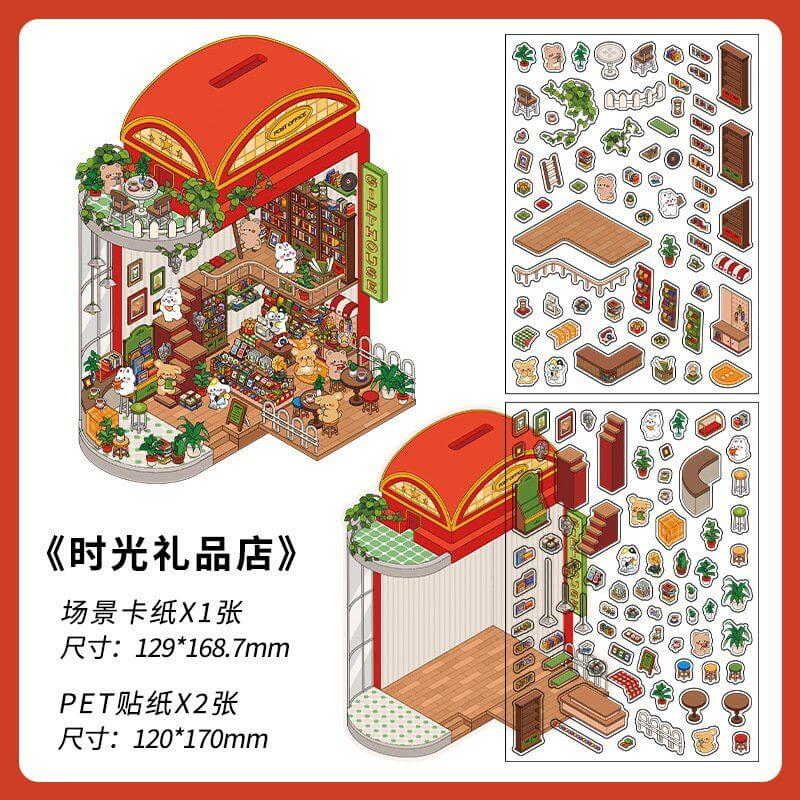 #107 Fantasy Gift Shop DIY 3D Scene Stickers 4 Cute Miniature Scenes