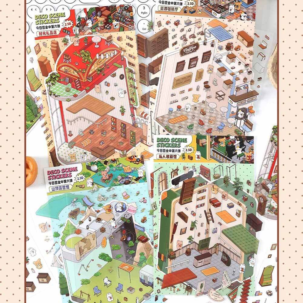 #107 Fantasy Gift Shop DIY 3D Scene Stickers 4 Cute Miniature Scenes