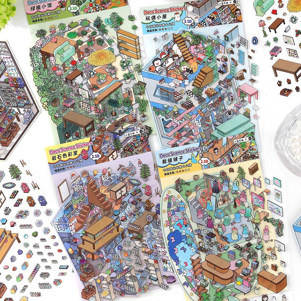 #703 Handcrafts Shop Series Scene Stickers 4 Cute Miniature Scenes