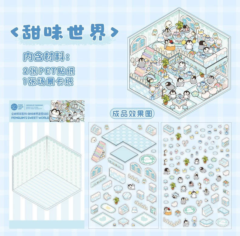 #090 Penguin Holiday Collection DIY 3D Scene Stickers 4 Cute Miniature Scenes