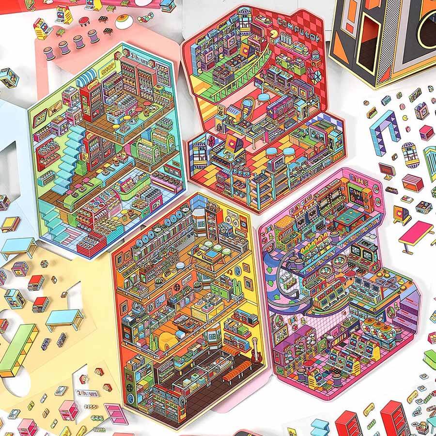 #182 Urban Play District DIY 3D Scene Stickers 4 Cute Miniature Scenes