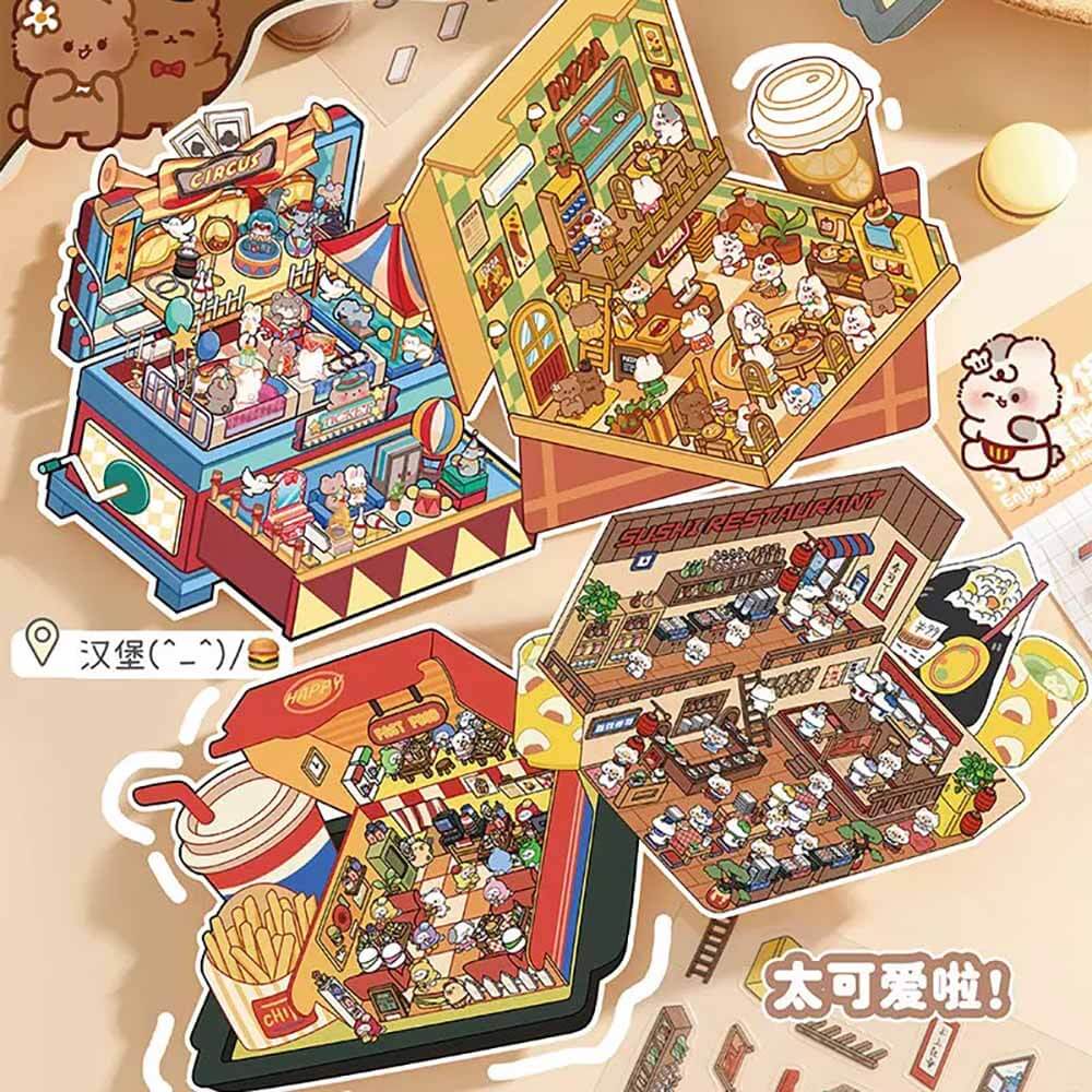 楽しいボックスコレクション DIY 3Dシーンステッカー 4つのかわいいミニチュアシーン