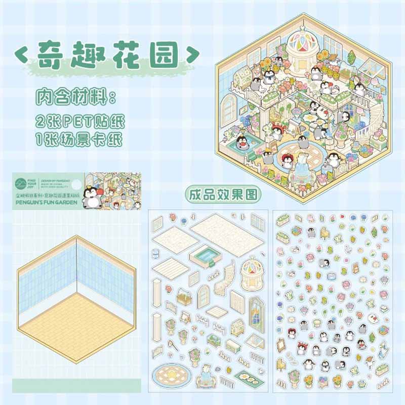#090 Penguin Holiday Collection DIY 3D Scene Stickers 4 Cute Miniature Scenes