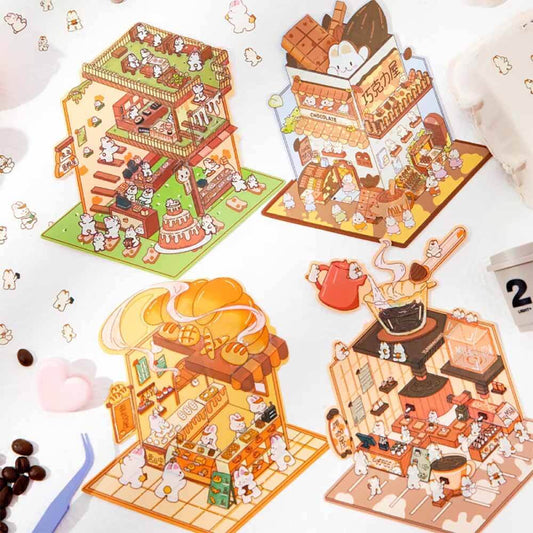 #136 Bunny Beanie's Shop DIY 3D Scene Stickers - 4 Cute Miniature Scenes