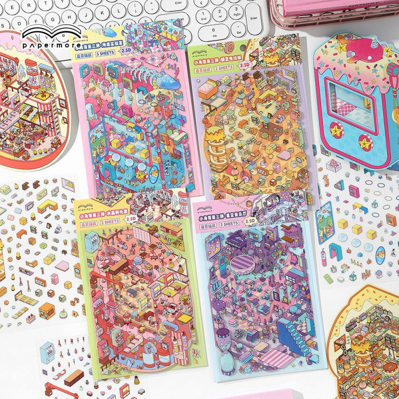 #808 Little Game Machine Series Scene Stickers 4 Cute Miniature Scenes