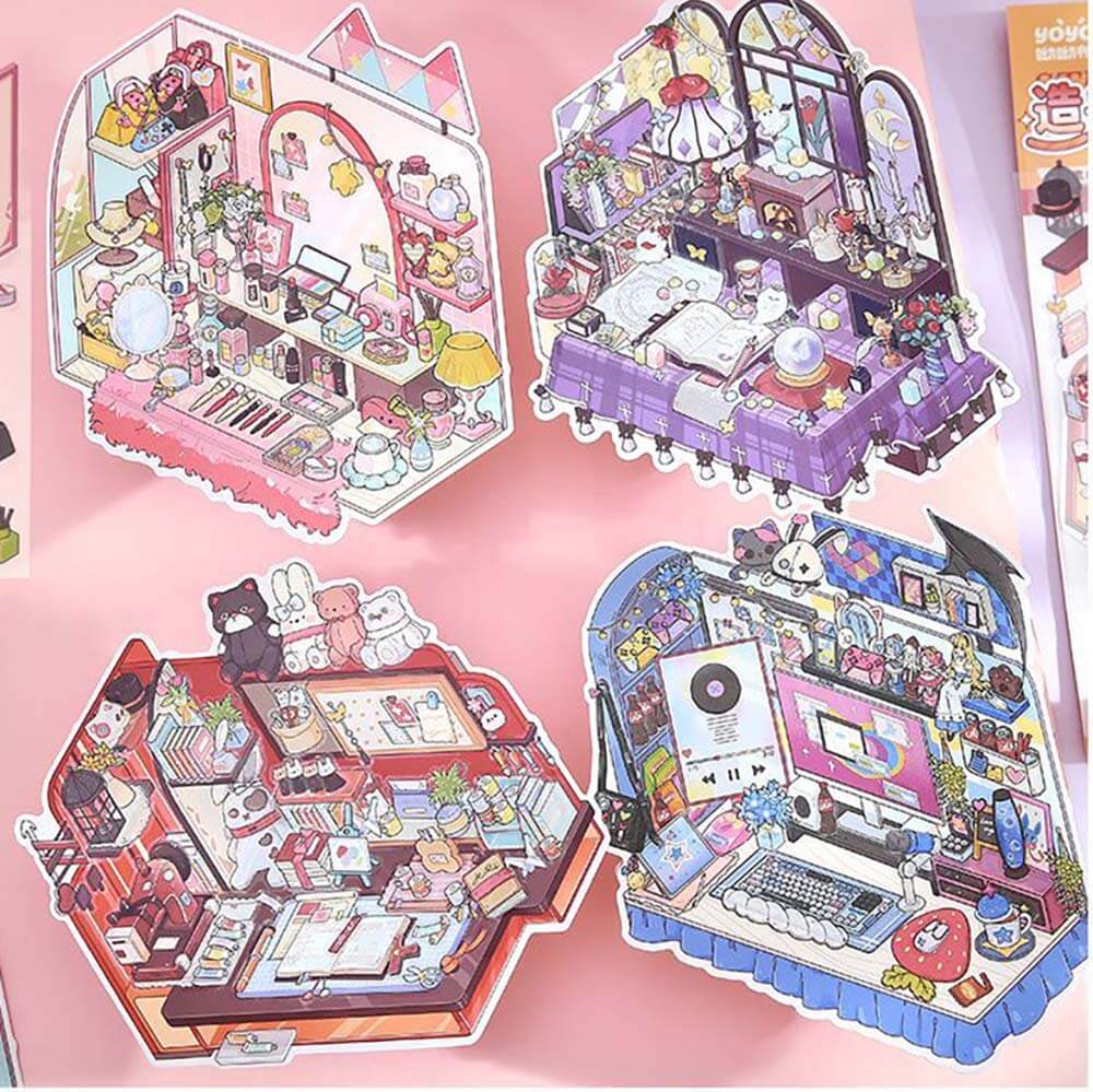 #802 Style Desk DIY 3D Scene Stickers 4 Cute Miniature Scenes