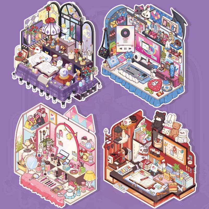 #802 Style Desk DIY 3D Scene Stickers 4 Cute Miniature Scenes