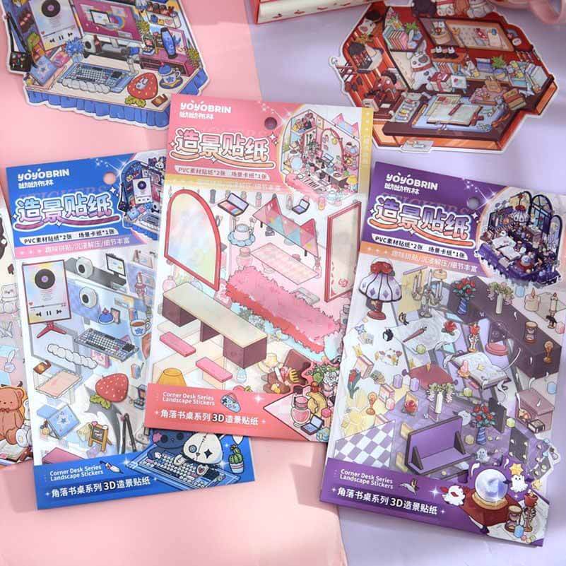 #802 Style Desk DIY 3D Scene Stickers 4 Cute Miniature Scenes