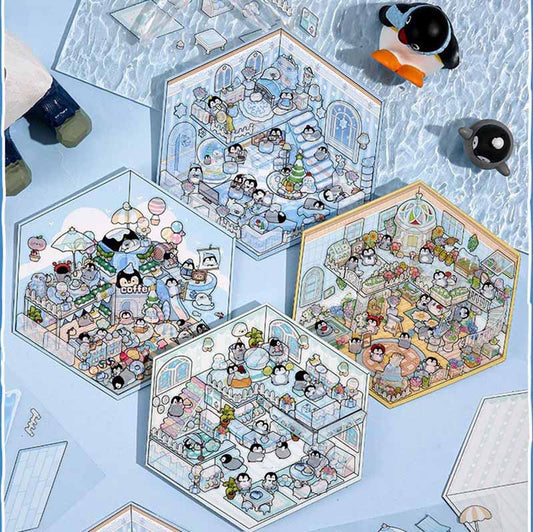 #090 Penguin Holiday Collection DIY 3D Scene Stickers 4 Cute Miniature Scenes